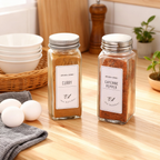 24 Pcs Glass Spice Jars/Bottles - 4oz Empty Square Spice Containers with 8 Spice Labels - Shaker Lids and Airtight Metal Caps Kosbon