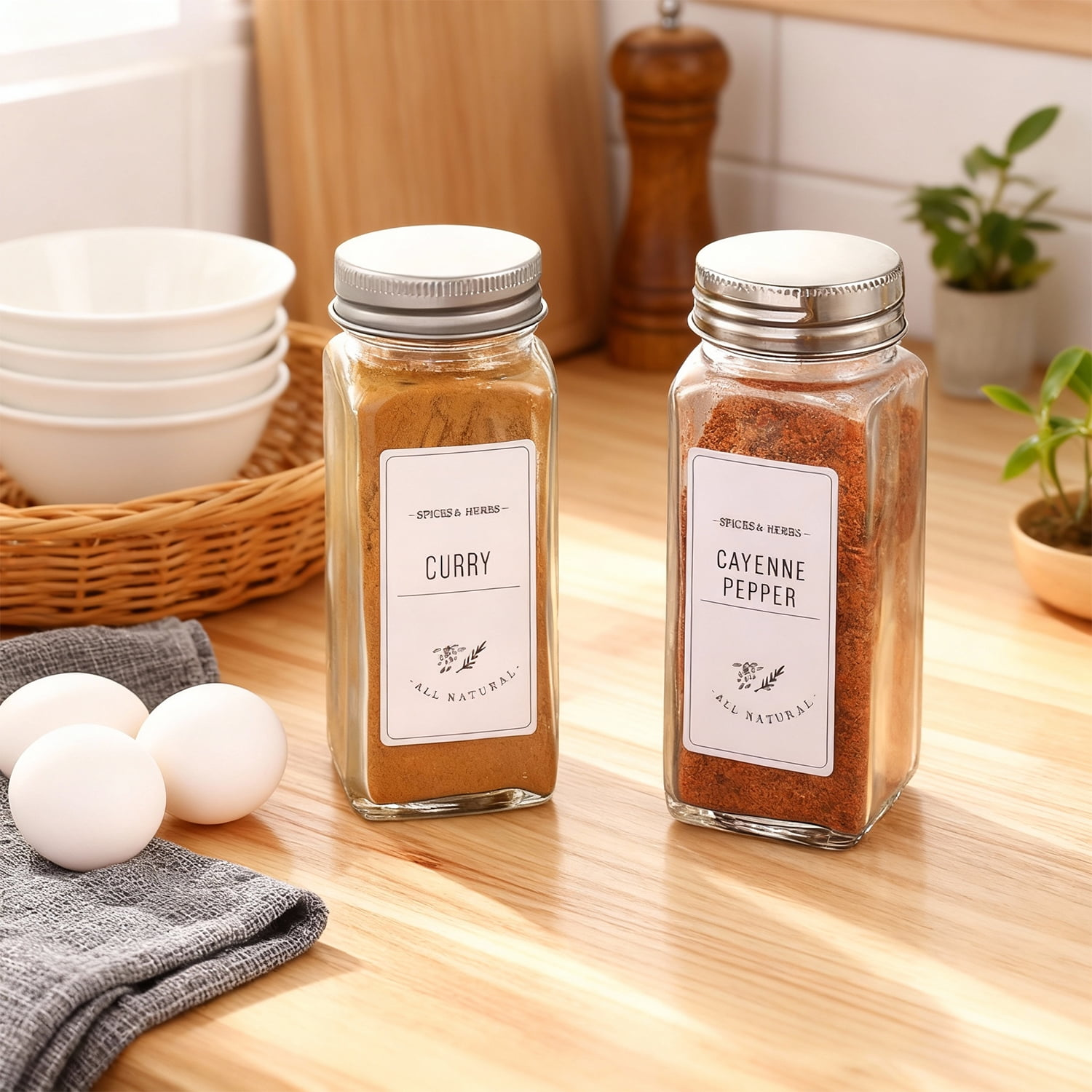 24 Pcs Glass Spice Jars/Bottles - 4oz Empty Square Spice Containers with 8 Spice Labels - Shaker Lids and Airtight Metal Caps Kosbon