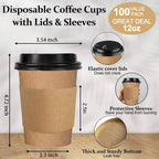 100 Pack 12 oz Paper Coffee Cups, Disposable Coffee Cups with Lids and Sleeves for Home and Cafes.