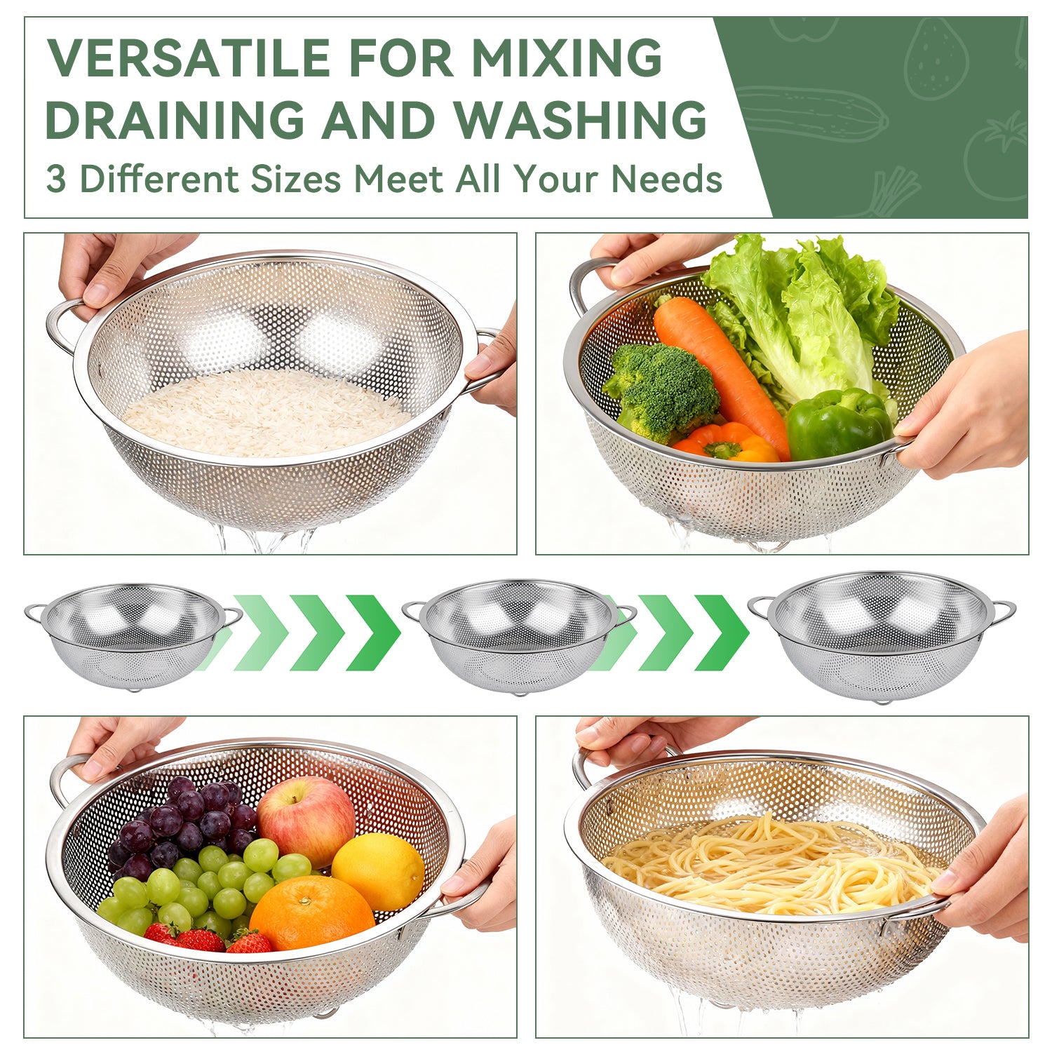 3 Pack Stainless Steel Colander Set (1/3/5QT),Micro-Perforated Colanders Strainers with Handles & Resting Base for Rinsing Pasta Spaghetti Fruits Vegetables,Nesting Design,Rust Free & Dishwasher Safe
