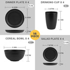 16-Piece Plastic Wheat Straw Dinnerware Set,Dish Set for 4 Salad Plates,Cereal Bowls,and Cups Set,Unbreakable and Lightweight,Microwave & Dishwasher Safe,Black