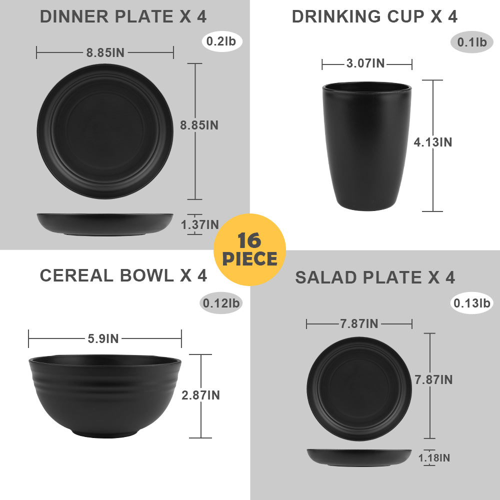 16-Piece Plastic Wheat Straw Dinnerware Set,Dish Set for 4 Salad Plates,Cereal Bowls,and Cups Set,Unbreakable and Lightweight,Microwave & Dishwasher Safe,Black