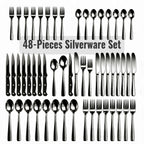 Kosbon 48-Piece Black Silverware Set for 8, with Steak Knives - Food Grade Stainless Steel Flatware Cutlery Utensil Set - Premium Mirror Polished Finish for Home Restaurant Daily Use