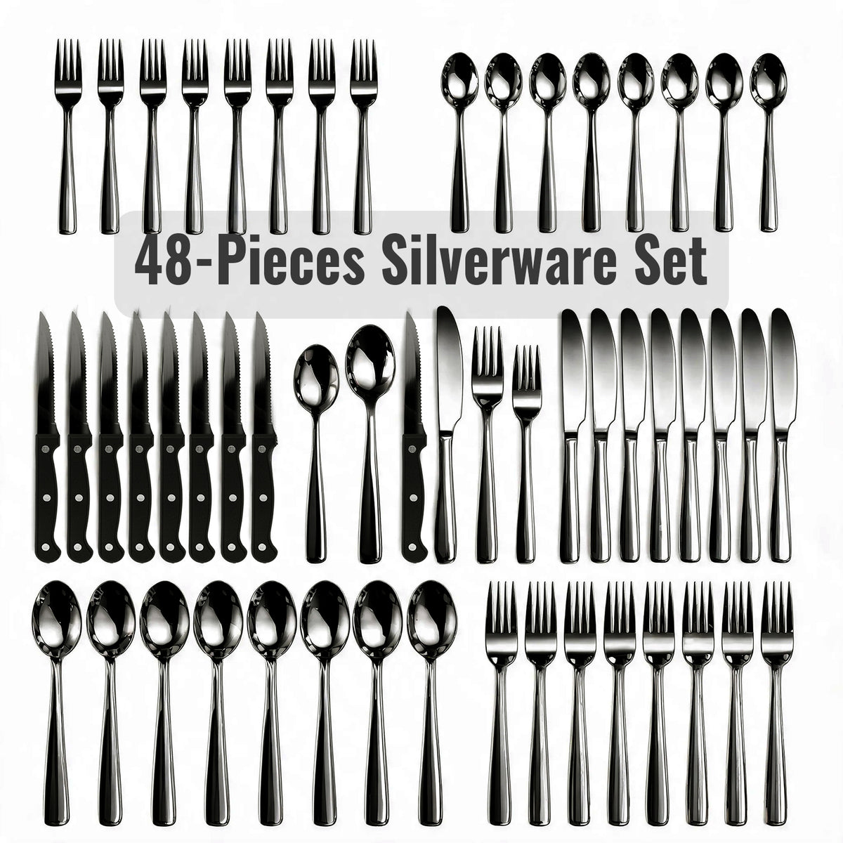 Kosbon 48-Piece Black Silverware Set for 8, with Steak Knives - Food Grade Stainless Steel Flatware Cutlery Utensil Set - Premium Mirror Polished Finish for Home Restaurant Daily Use