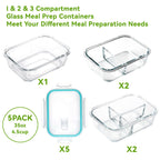 YUANYE 5 Pack 36oz Glass Meal Prep Containers with Lids, 1&2&3 Compartment Airtight Glass Food Storage, Microwave & Dishwasher Safe, Blue