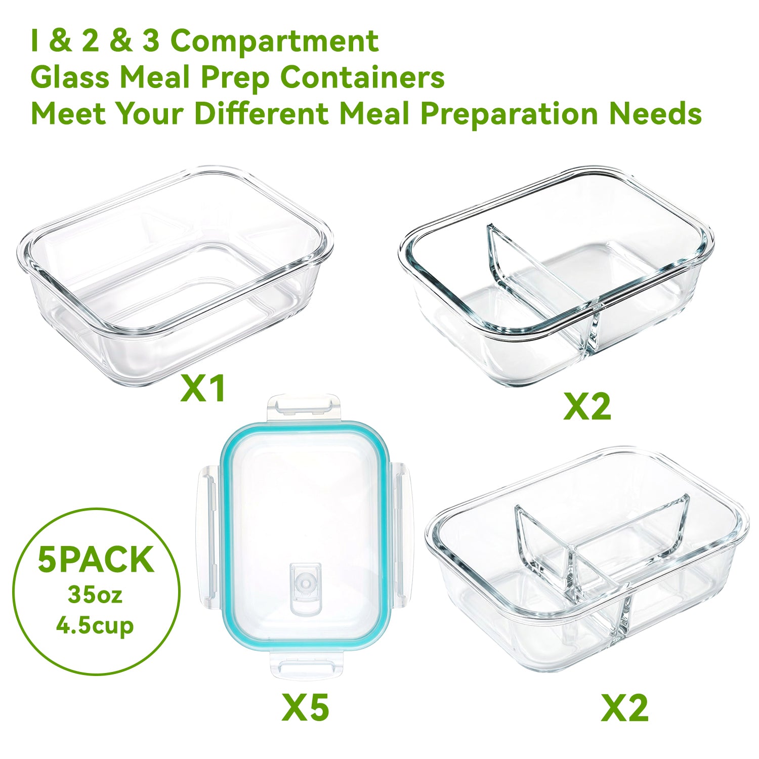 YUANYE 5 Pack 36oz Glass Meal Prep Containers with Lids, 1&2&3 Compartment Airtight Glass Food Storage, Microwave & Dishwasher Safe, Blue
