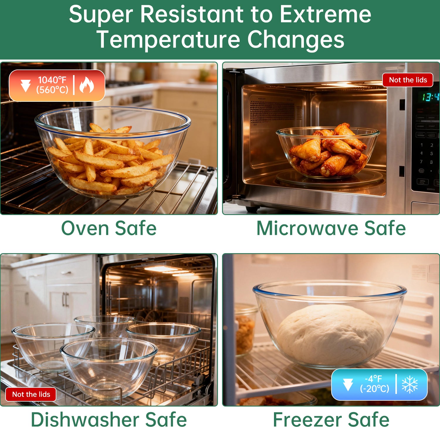 WEPSEN 4 Pack Glass Mixing Bowls Set (3/1.7/0.9/0.6QT),Large Salad Bowls Sets with BPA-Free Lids,Glass Thick Nesting Bowls for Kitchen Baking,Cooking Prep,Storage,Dishwasher Microwave Freezer Safe