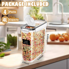 Kosbon Large Cereal Containers Storage Set, 4 Packs Dispenser Approx. 4L Fits Full Standard Size Cereal Box, Airtight Cereal Container Set, Large Plastic Storage Container