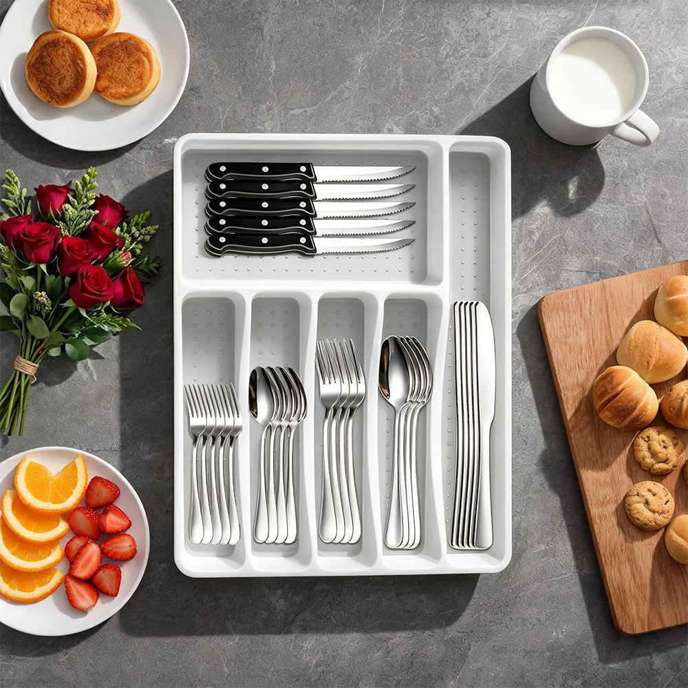 49-Piece Silverware Set with Flatware Drawer Organizer, Durable Stainless Steel Cutlery Set for 8, Mirror Polished Kitchen Utensils Tableware Service with Steak Knives Dinner Fork Knife Spoon & Tray