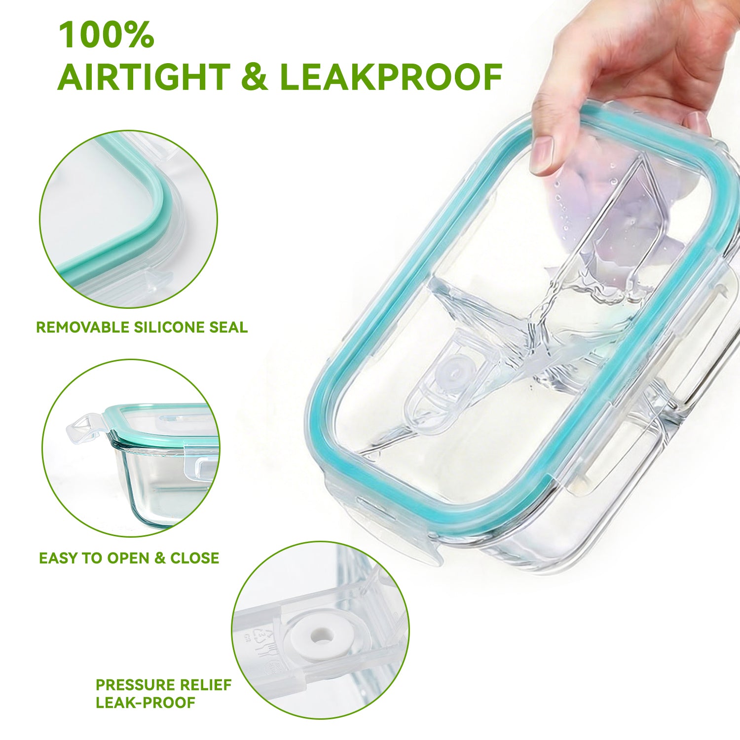 YUANYE 5 Pack 36oz Glass Meal Prep Containers with Lids, 1&2&3 Compartment Airtight Glass Food Storage, Microwave & Dishwasher Safe, Blue