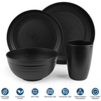 16-Piece Plastic Wheat Straw Dinnerware Set,Dish Set for 4 Salad Plates,Cereal Bowls,and Cups Set,Unbreakable and Lightweight,Microwave & Dishwasher Safe,Black