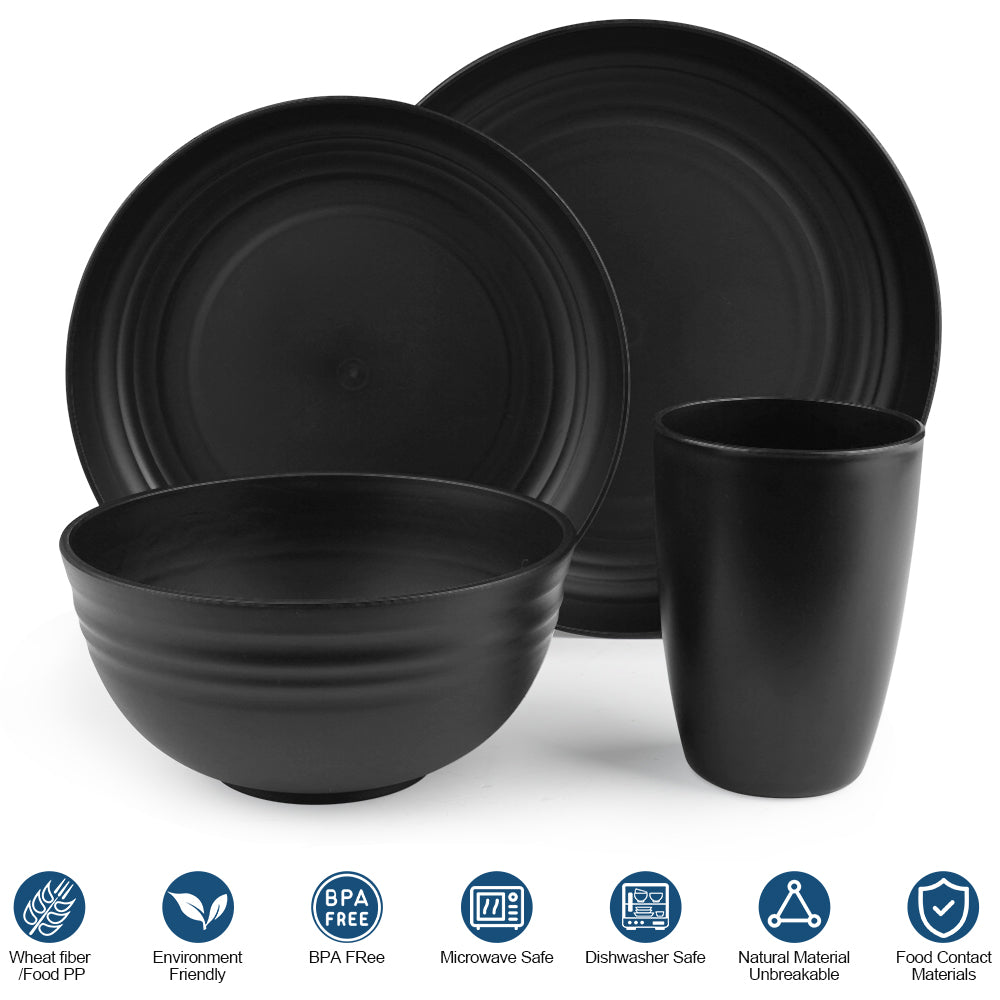 16-Piece Plastic Wheat Straw Dinnerware Set,Dish Set for 4 Salad Plates,Cereal Bowls,and Cups Set,Unbreakable and Lightweight,Microwave & Dishwasher Safe,Black