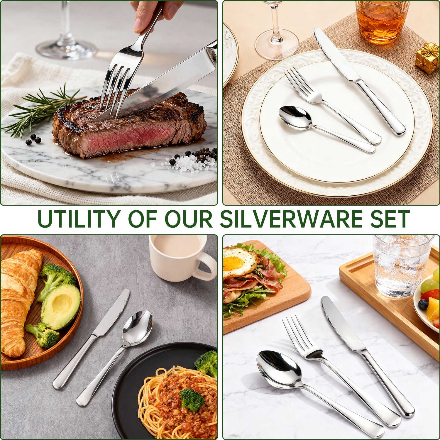 WEPSEN 24 PCS Silverware Set, Flatware Set for 4, Food-Grade Stainless Steel Cutlery Set, Mirror Finished Utensil Sets, Including Steak Knife Fork and Spoon,Dishwasher Safe, Silver
