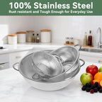 3 Pack Stainless Steel Colander Set (1/3/5QT),Micro-Perforated Colanders Strainers with Handles & Resting Base for Rinsing Pasta Spaghetti Fruits Vegetables,Nesting Design,Rust Free & Dishwasher Safe