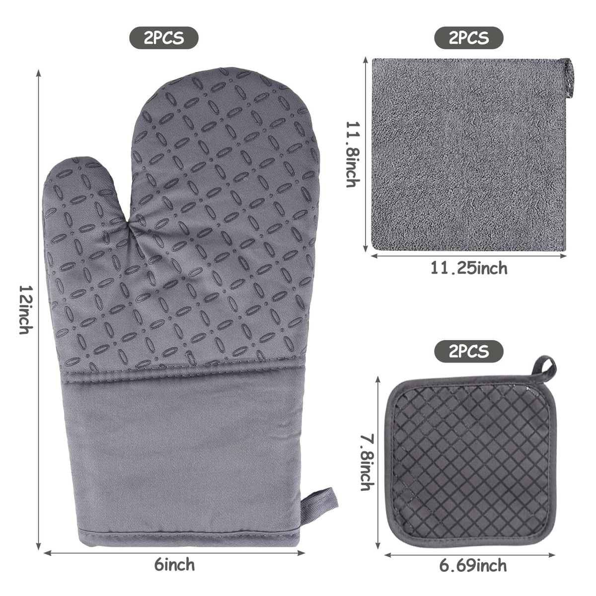 Kosbon Oven Mitts and Pot Holders 6pcs Set, Kitchen Oven Glove High Heat Resistant 500 Degree Extra Long Oven Mitts and Potholder with Non-Slip Silicone Surface for Cooking