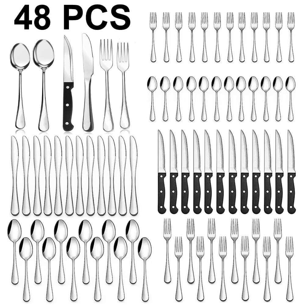 48 Pieces Silverware Set with Steak Knives, Stainless Steel Flatware Cutlery Set for 8, Fancy Tableware Eating Utensils for Home Kitchen Restaurant Hotel, Dishwasher Safe by Kosbon