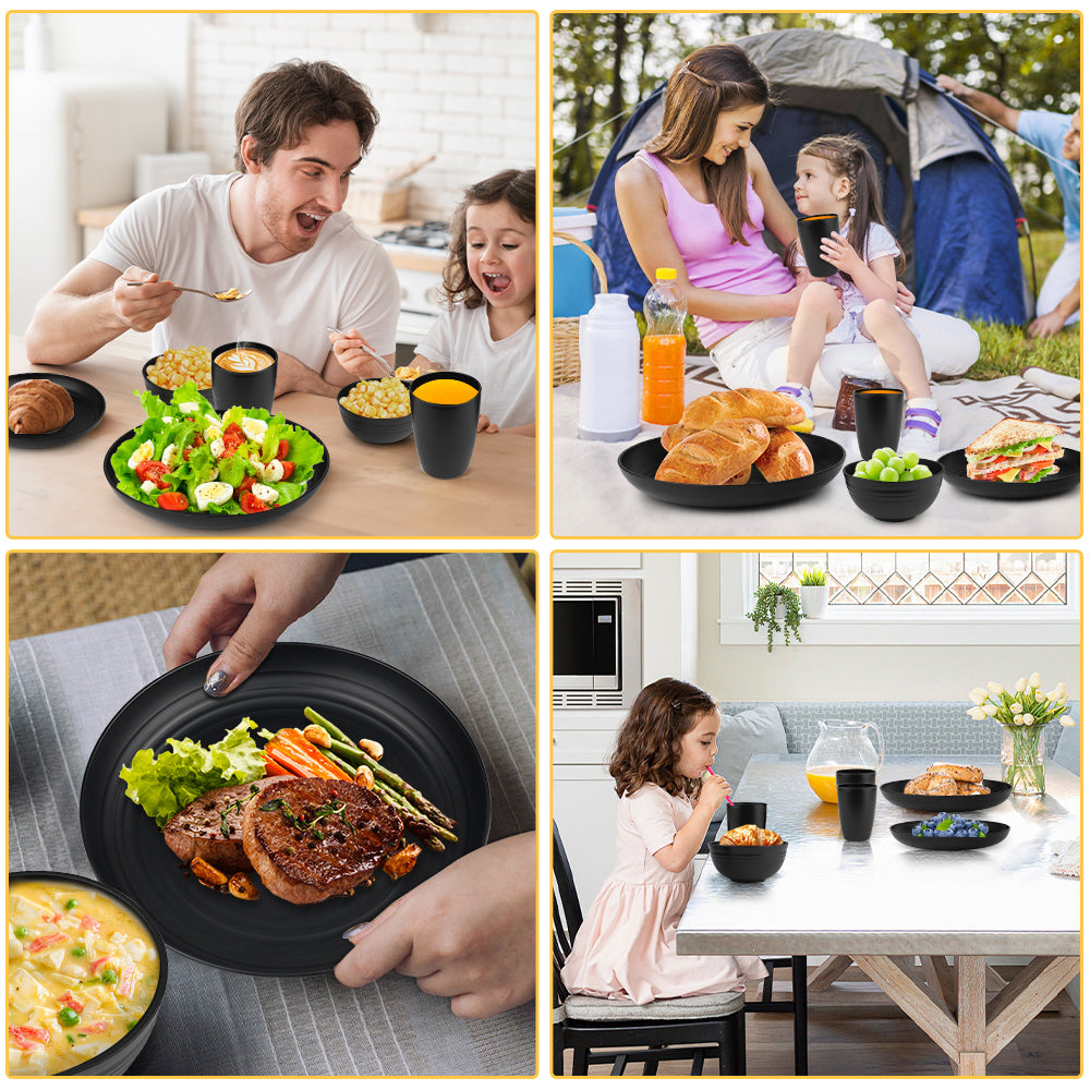 16-Piece Plastic Wheat Straw Dinnerware Set,Dish Set for 4 Salad Plates,Cereal Bowls,and Cups Set,Unbreakable and Lightweight,Microwave & Dishwasher Safe,Black