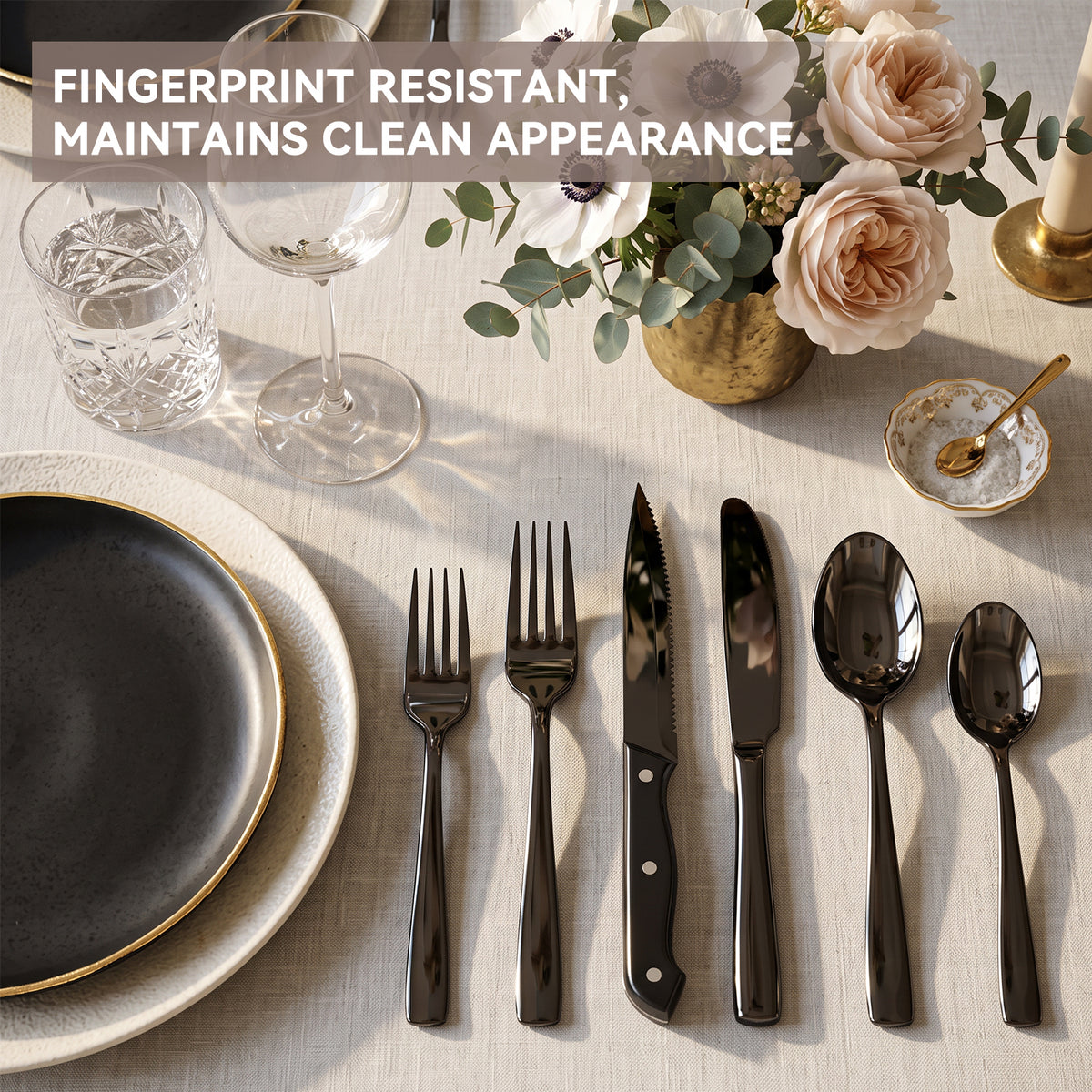 Kosbon 48-Piece Black Silverware Set for 8, with Steak Knives - Food Grade Stainless Steel Flatware Cutlery Utensil Set - Premium Mirror Polished Finish for Home Restaurant Daily Use