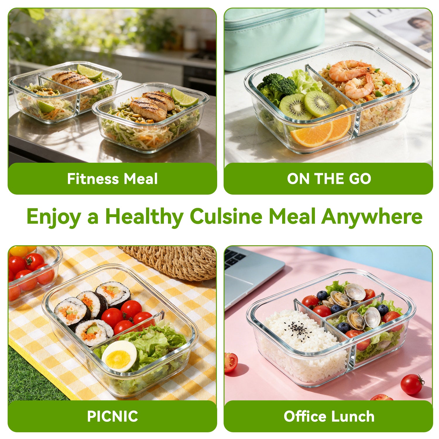YUANYE 5 Pack 36oz Glass Meal Prep Containers with Lids, 1&2&3 Compartment Airtight Glass Food Storage, Microwave & Dishwasher Safe, Blue