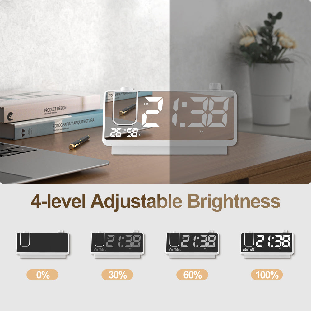 Digital Projection Alarm Clock for Bedroom, 4-Level YUANYE Dimmer, Dual Alarms, USB Charger Ports, Temperature & Humidity Display, Battery Backup, Snooze Function, 12/24H