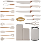 Kosbon 19PCS Kitchen Utensils Set for Cooking, 11 Cooking Utensils, 6 Knife set Beige,3 Utensil Sets,utensilios de cocina