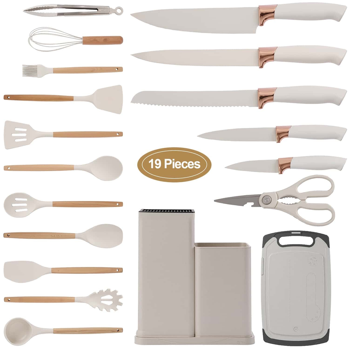 Kosbon 19PCS Kitchen Utensils Set for Cooking, 11 Cooking Utensils, 6 Knife set Beige,3 Utensil Sets,utensilios de cocina