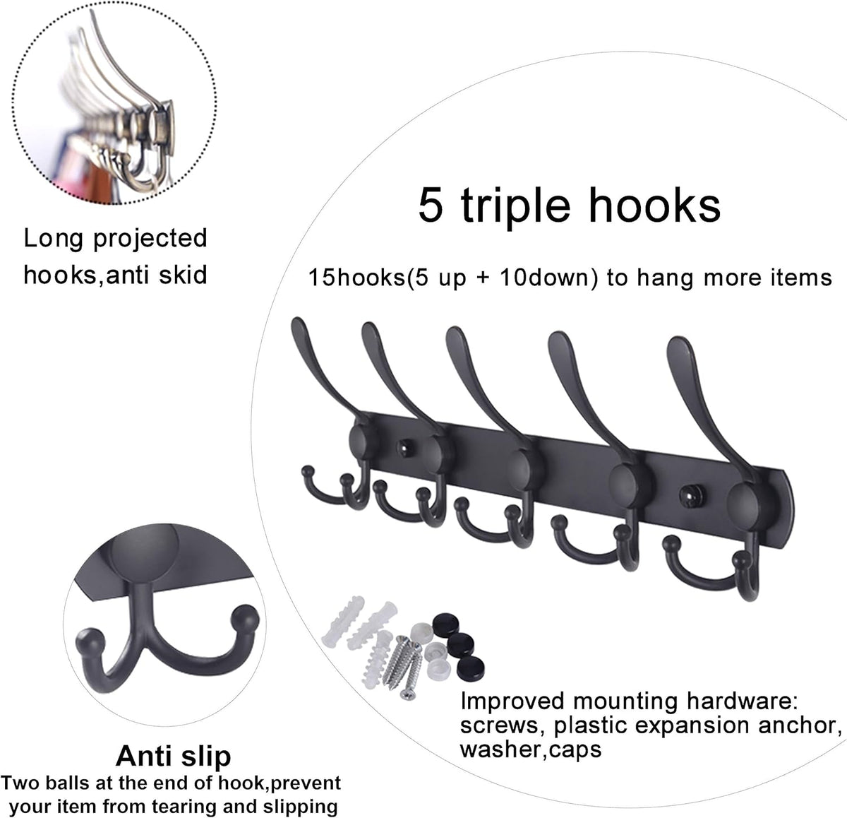 SINYWAY 2 Packs Coat Rack Wall Mounted, Hat Rack for Wall 16" Heavy Duty Wall Coat Hooks Wall Coat Rack with 5 Triple Hooks