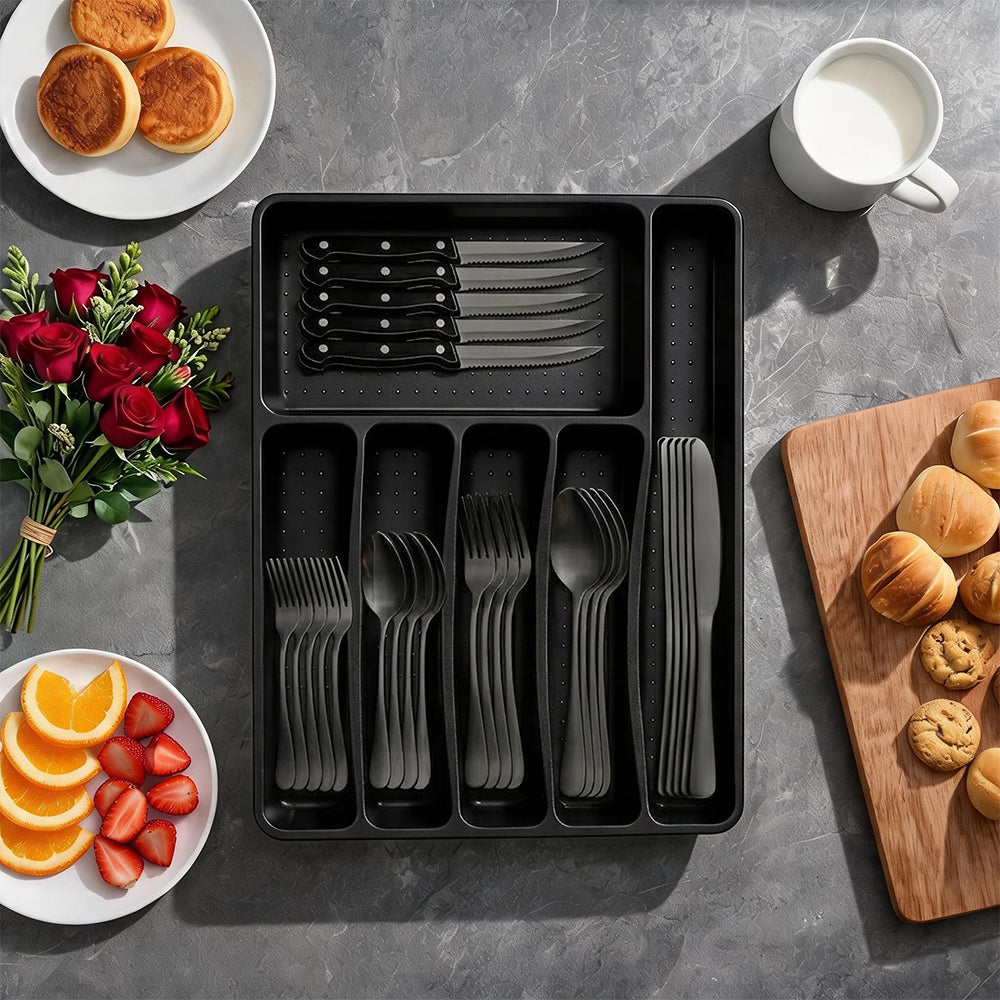 49-Piece Black Silverware Set with Flatware Drawer Organizer, Durable Stainless Steel Cutlery Set for 8, Mirror Polished Kitchen Utensils Tableware Service with Steak Knives and Tray