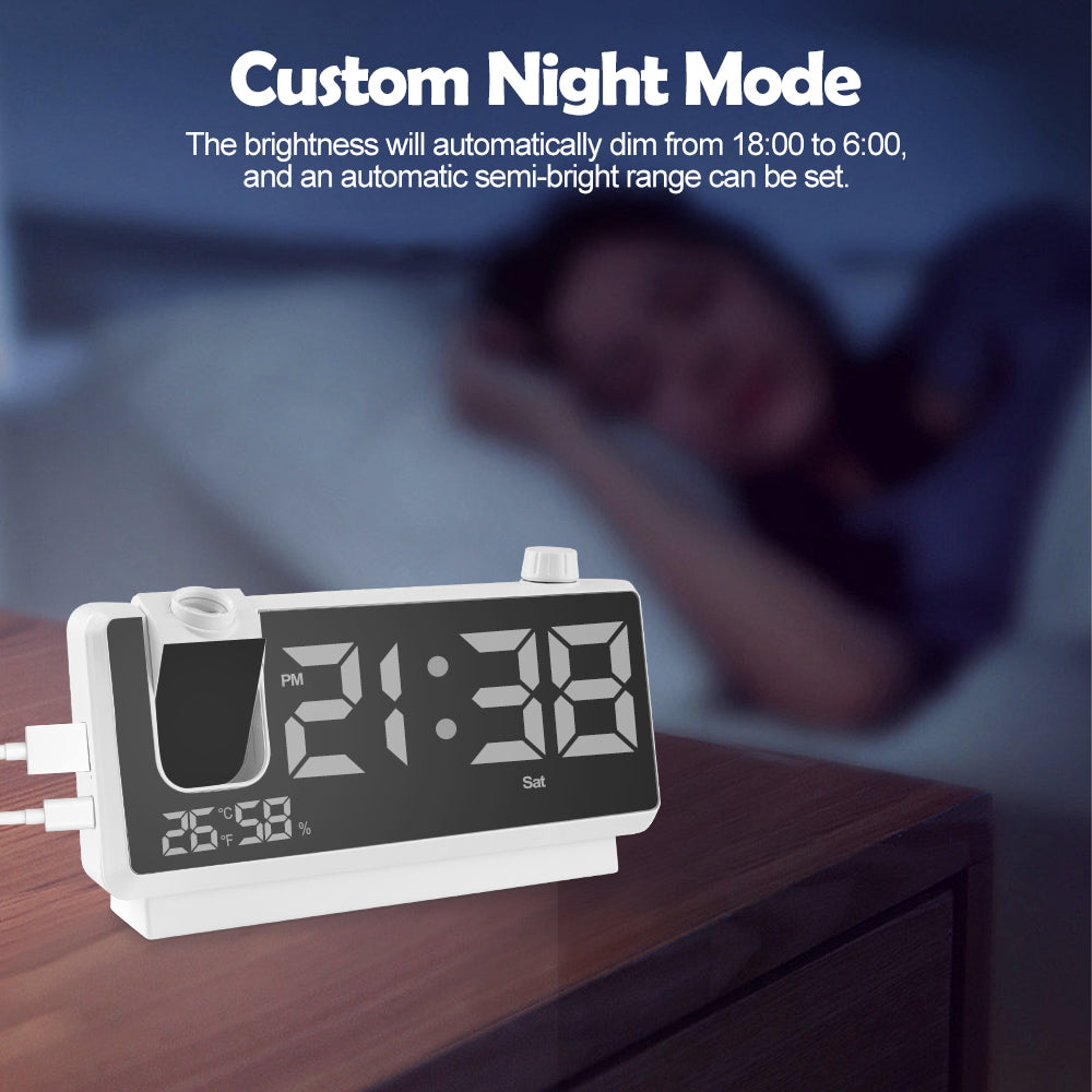Digital Projection Alarm Clock for Bedroom, 4-Level YUANYE Dimmer, Dual Alarms, USB Charger Ports, Temperature & Humidity Display, Battery Backup, Snooze Function, 12/24H