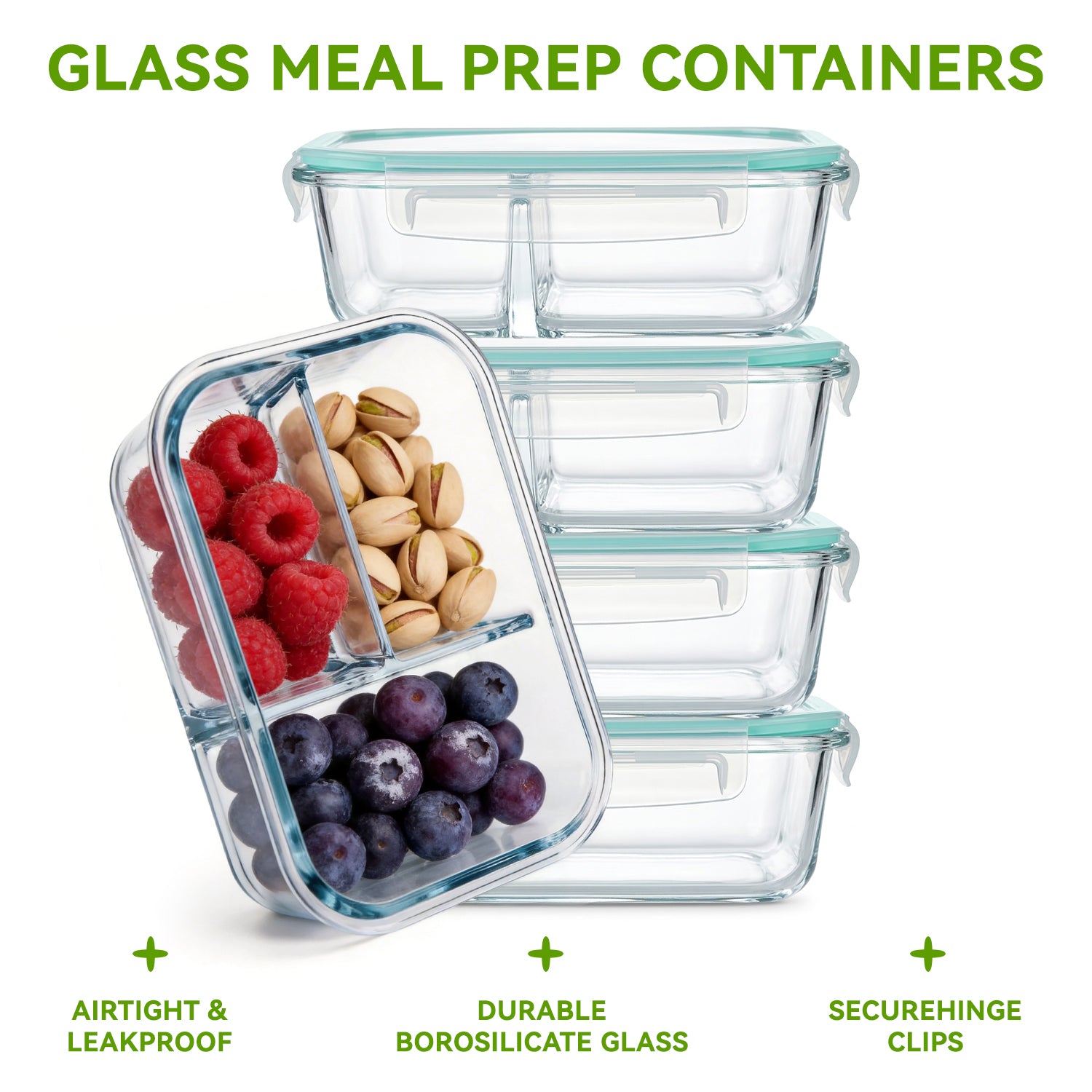 YUANYE 5 Pack 36oz Glass Meal Prep Containers with Lids, 1&2&3 Compartment Airtight Glass Food Storage, Microwave & Dishwasher Safe, Blue