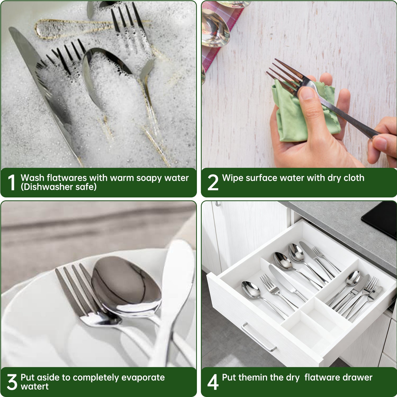 WEPSEN 24 PCS Silverware Set, Flatware Set for 4, Food-Grade Stainless Steel Cutlery Set, Mirror Finished Utensil Sets, Including Steak Knife Fork and Spoon,Dishwasher Safe, Silver
