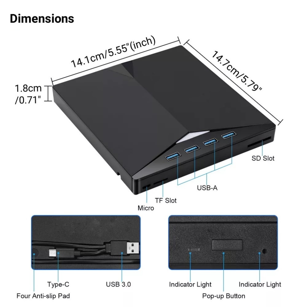 External CD DVD Drive for Laptop & Desktop , [7 in 1] USB 3.0 Type-C External DVD Player Portable CD/DVD ROM Burner with TF/SD Card Slots