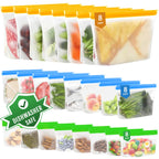 24 Pack Food Storage Bag, Freezer Bags , Reusable Silicone Storage Bags BPA Free (24Pack-8 Gallon Bags+8 Sandwich Bags+8 Snack Bags)
