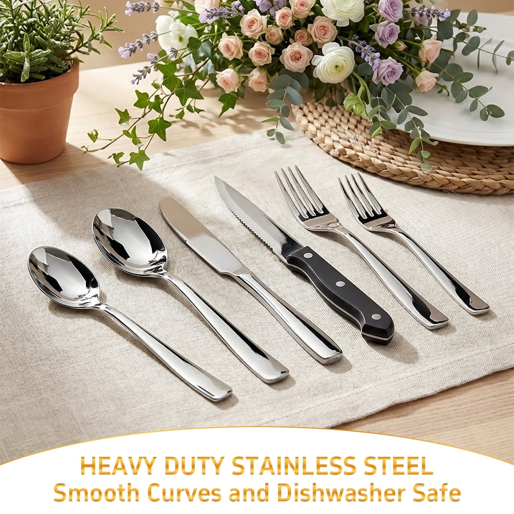 48 Pieces Silverware Set with Steak Knives, Stainless Steel Flatware Cutlery Set for 8, Fancy Tableware Eating Utensils for Home Kitchen Restaurant Hotel, Dishwasher Safe by Kosbon
