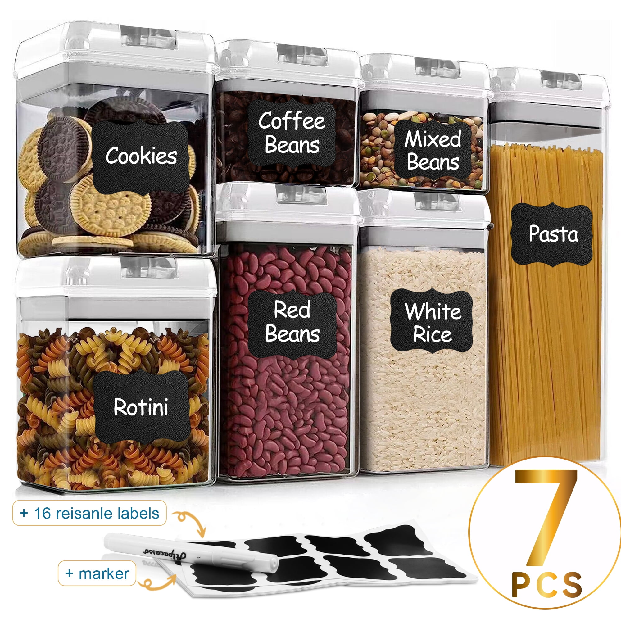 Airtight Food Storage Containers White, 7Pcs Plastic Cereal Containers with Easy Lock Lids for Kitchen Pantry, Organization and Storage, BPA Free - Kosbon