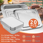20 Pack Aluminum Pans ,  10 Large 9x13 Foil Pans Half Size & 10 Small 8x6  Tin Foil Baking Pans With Lids