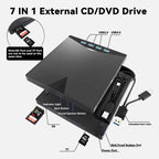 External CD DVD Drive for Laptop & Desktop , [7 in 1] USB 3.0 Type-C External DVD Player Portable CD/DVD ROM Burner with TF/SD Card Slots