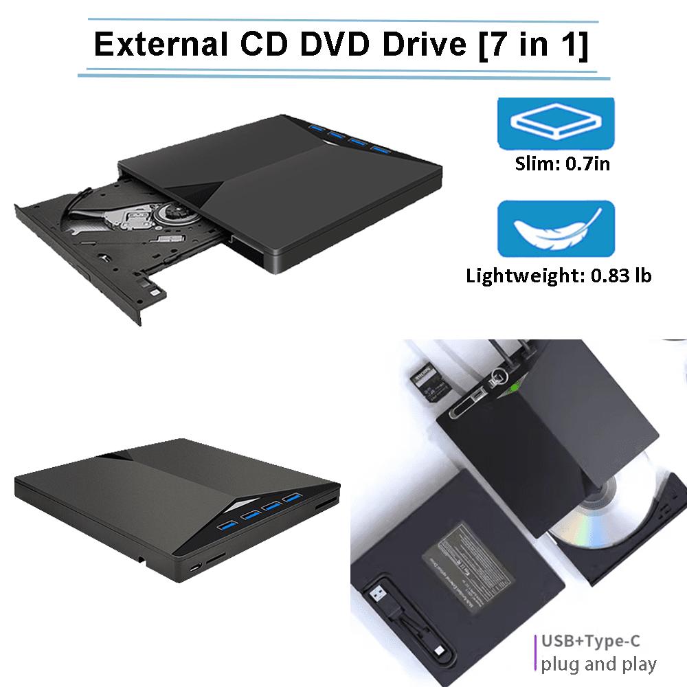 External CD DVD Drive for Laptop & Desktop , [7 in 1] USB 3.0 Type-C External DVD Player Portable CD/DVD ROM Burner with TF/SD Card Slots