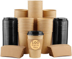 100 Pack 10 oz Paper Coffee Cups, Disposable Coffee Cups with Lids and Sleeves for Home and Cafes.