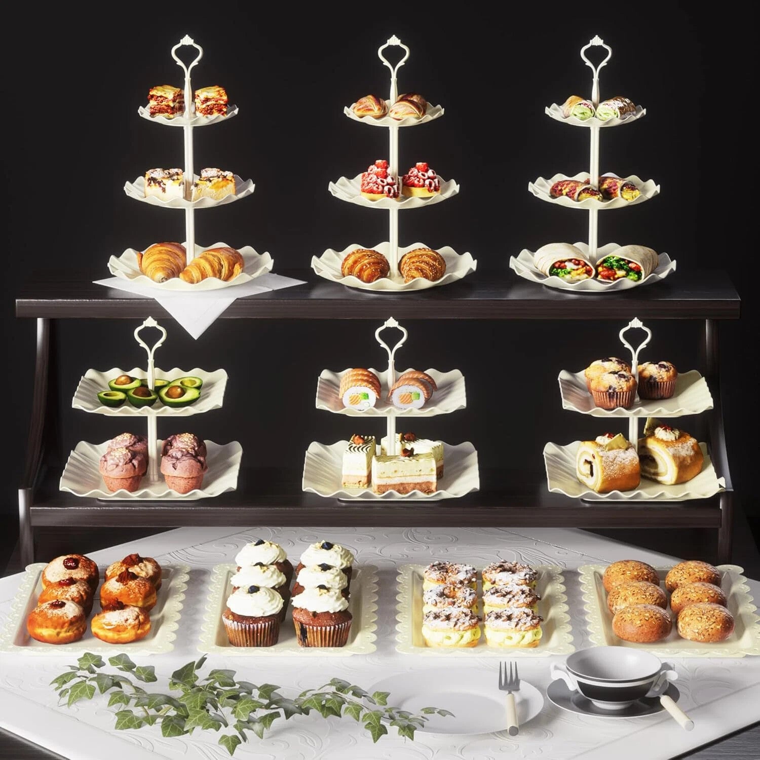 SINYWAY 10 PCS Cupcake Stand Set, Plastic Dessert Table Display Set with 2-Tier & 3-Tier Serving Trays and Cake Stands for Party Wedding Birthday, White